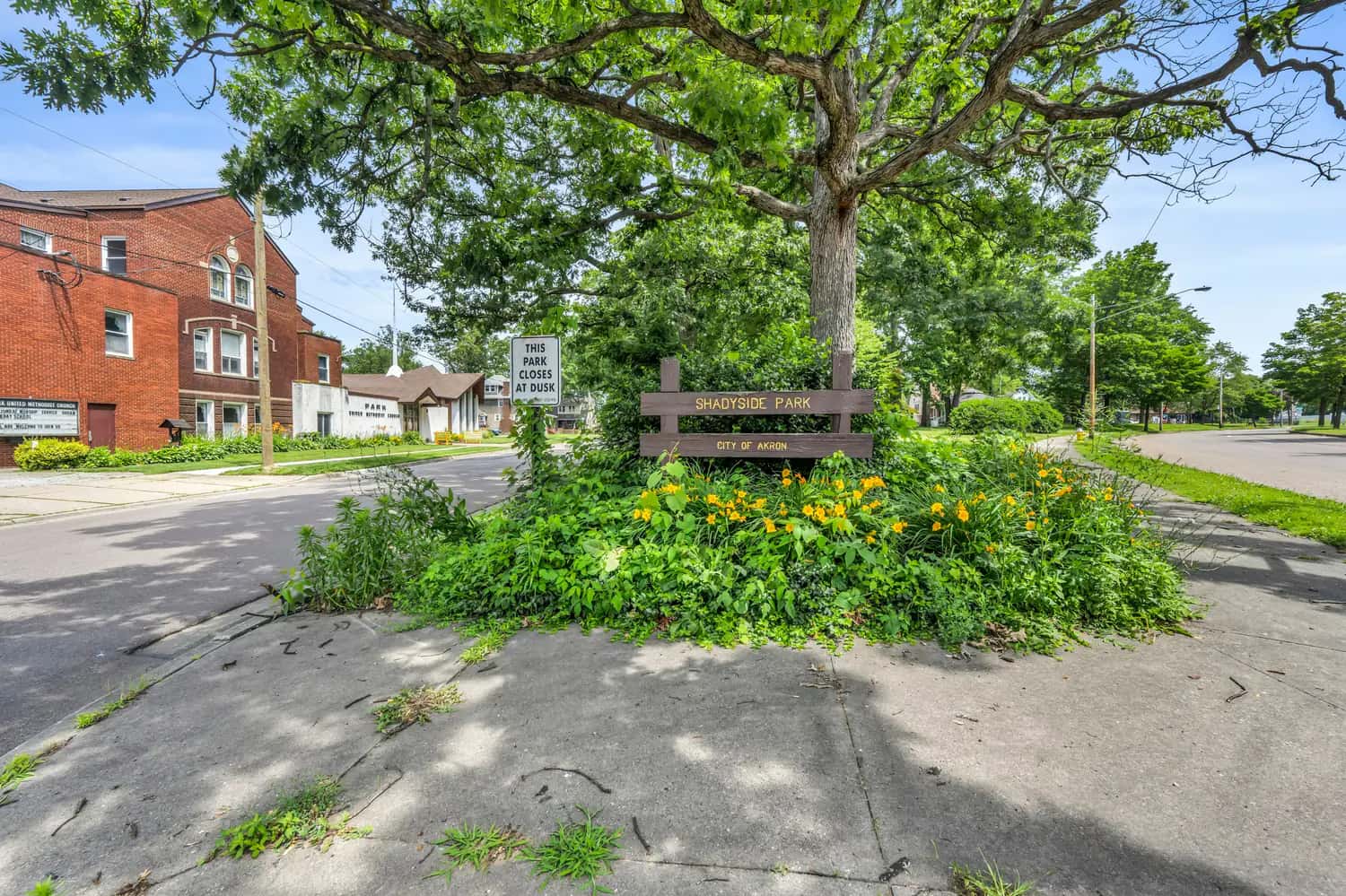 Overgrown planting bed around a park entrance sign with weeds growing through cracked pavement