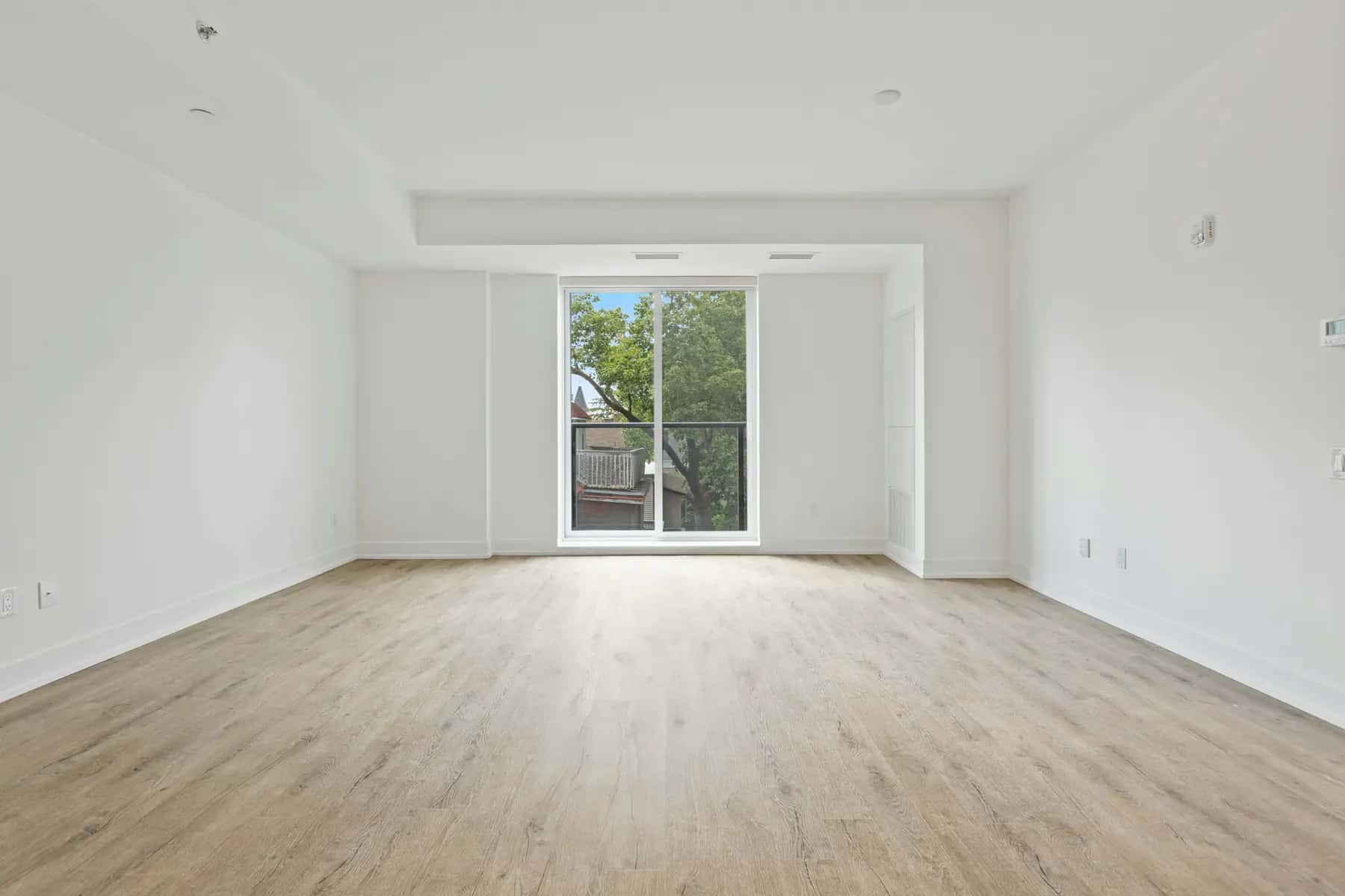 Empty, freshly finished apartment living room with white walls and light vinyl plank flooring
