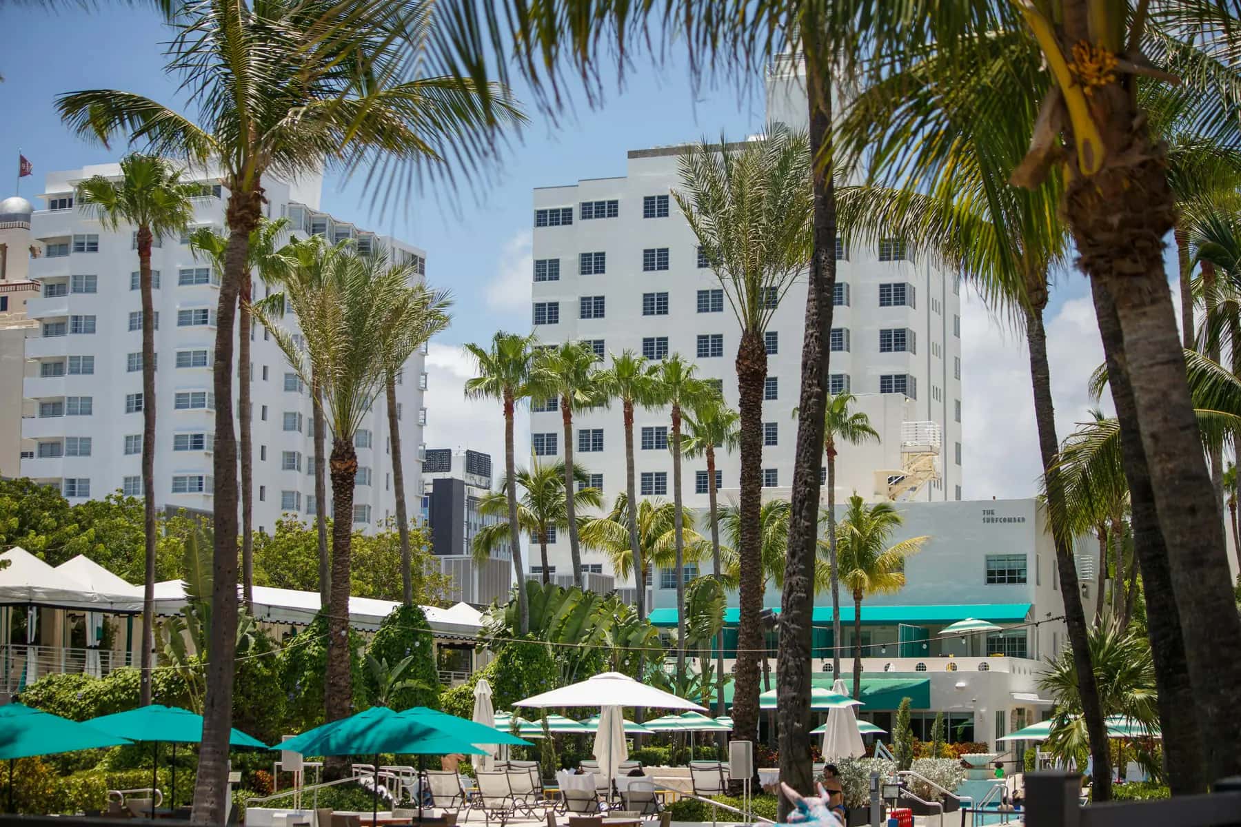 Beachfront hotel buildings behind a pool deck with palm trees and teal umbrellas in Miami Beach