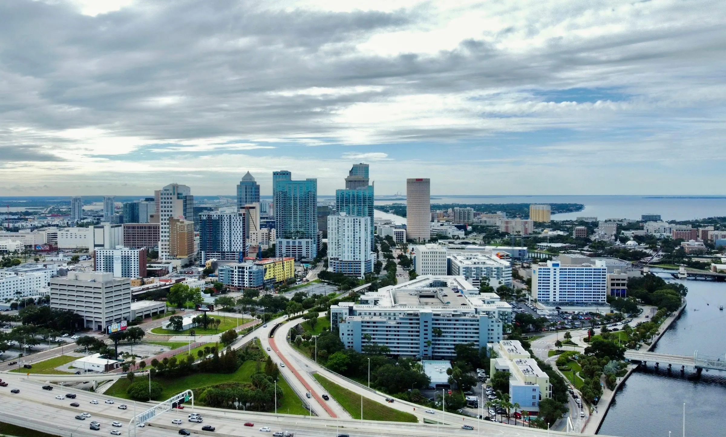 Aerial view of downtown Tampa, Florida, with office towers, highways and the Hillsborough River