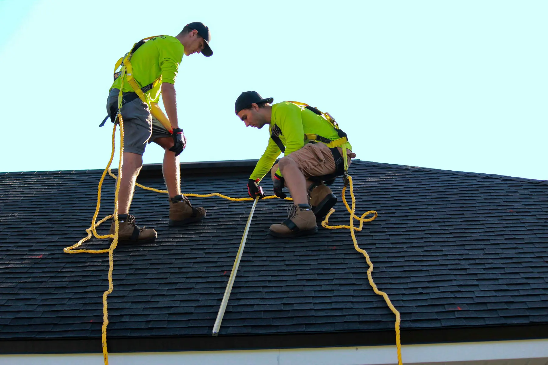 Two roofers in harnesses and hi-vis shirts working on an asphalt shingle roof